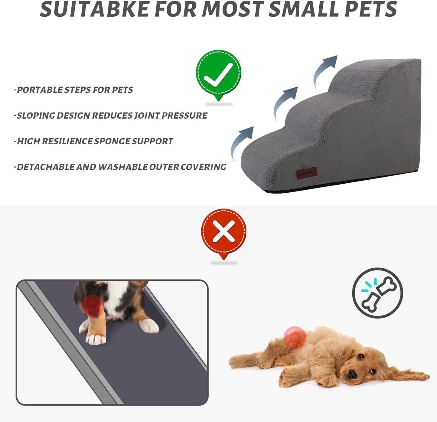 3-Step Pet Ramp & Stairs – Non-Slip Steps for Small Dogs & Cats, 15.7” High (Grey)