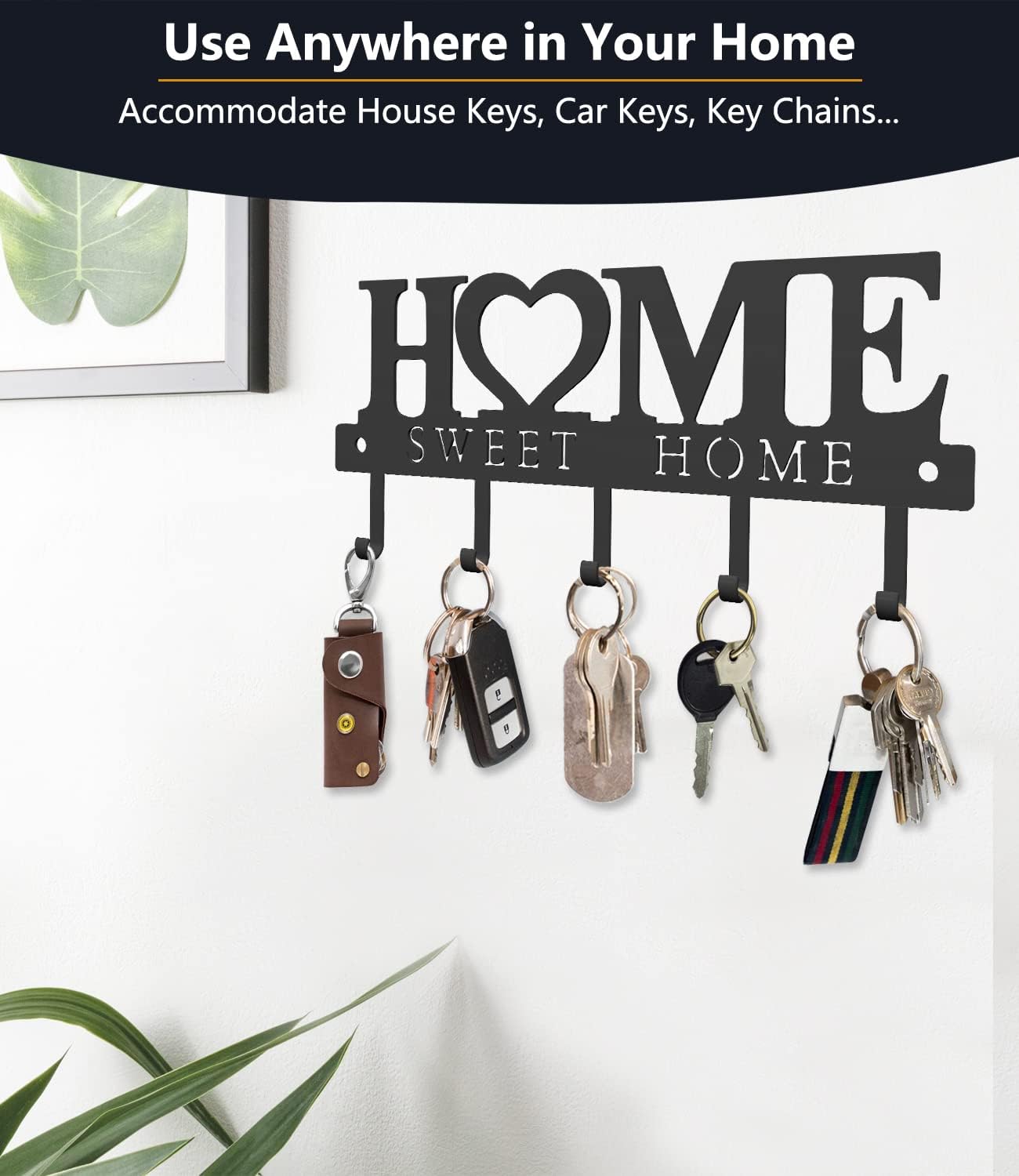 Home Sweet Home Wall Key Holder – 9.8” Metal Organizer Rack with Hooks for Entryway, Kitchen, Garage, Office