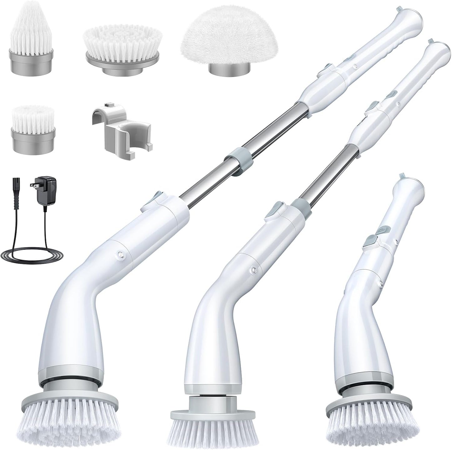 Electric Spin Scrubber LA1 Pro – Cordless Cleaning Brush with 4 Heads & Adjustable Extension Handle – White