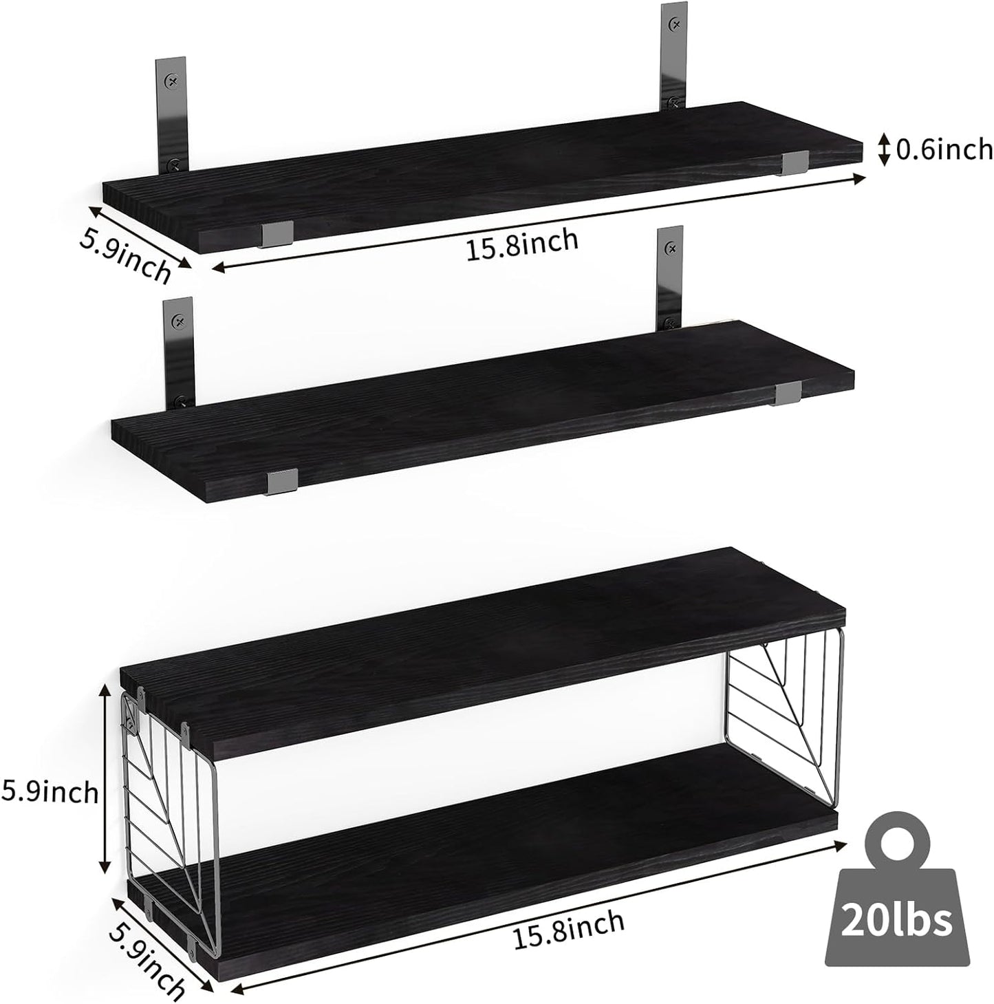 3+1 Tier Bathroom Floating Shelves over Toilet, 15.8In Farmhouse Rustic Wood Shelves, Wall Decor for Bathroom, Living Room,Bedroom and Kitchen (Black)