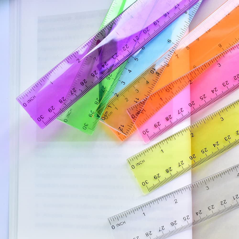 Transparent 12-Inch Ruler Set – 7 Pack Plastic Rulers with Inches, Centimeters, and Millimeters for School and Office