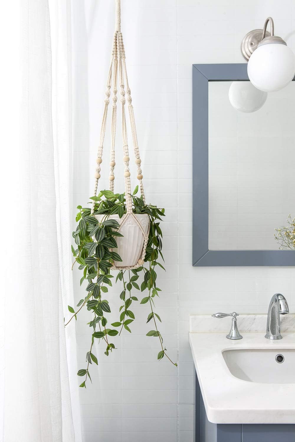 Macrame Plant Hanger Set – 35" Ivory Indoor Hanging Planters with Wood Beads (2 Pack, Pots Not Included)