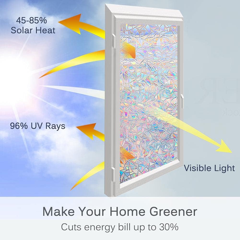 3D Rainbow Window Privacy Film – Static Cling Vinyl, Heat Control & UV Blocking (17.5" x 78.7")