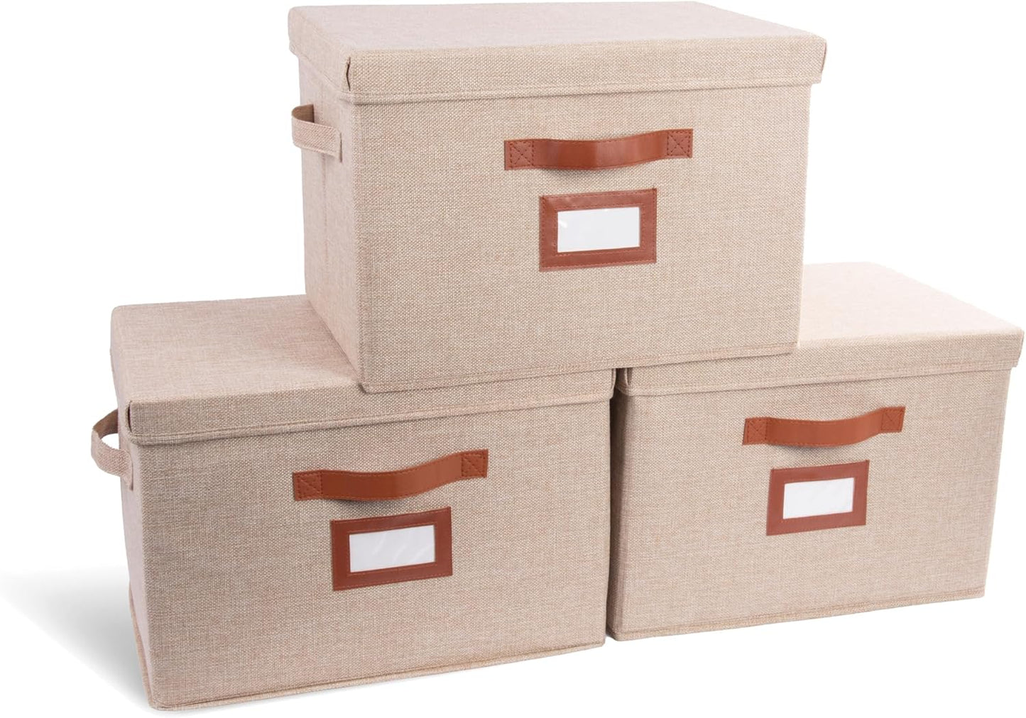 3-Pack Large Fabric Storage Boxes with Lids – Decorative Foldable Bins with Label Holder & Faux Handles (Oatmeal)