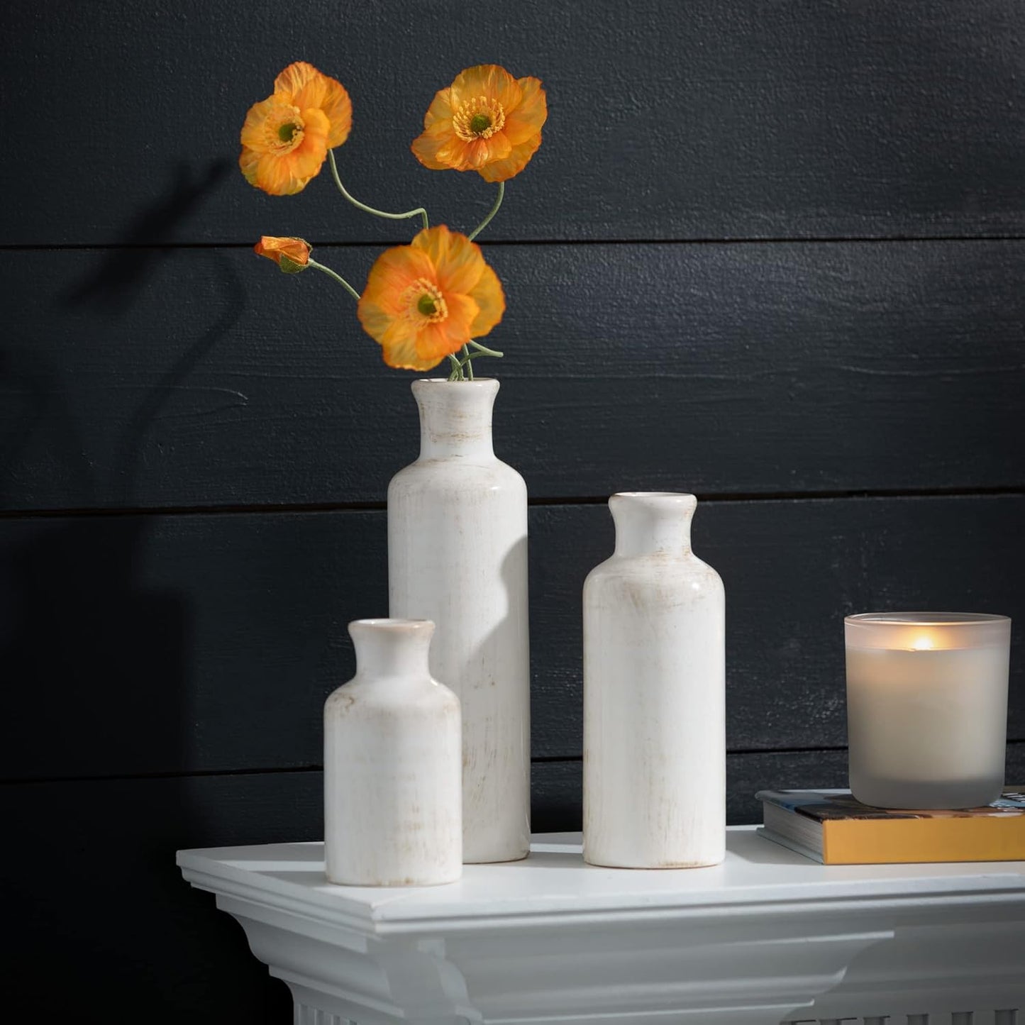 White Ceramic Vase Set – Farmhouse Decorative Vases for Living Room, Kitchen & Shelf Centerpiece (CM2333)