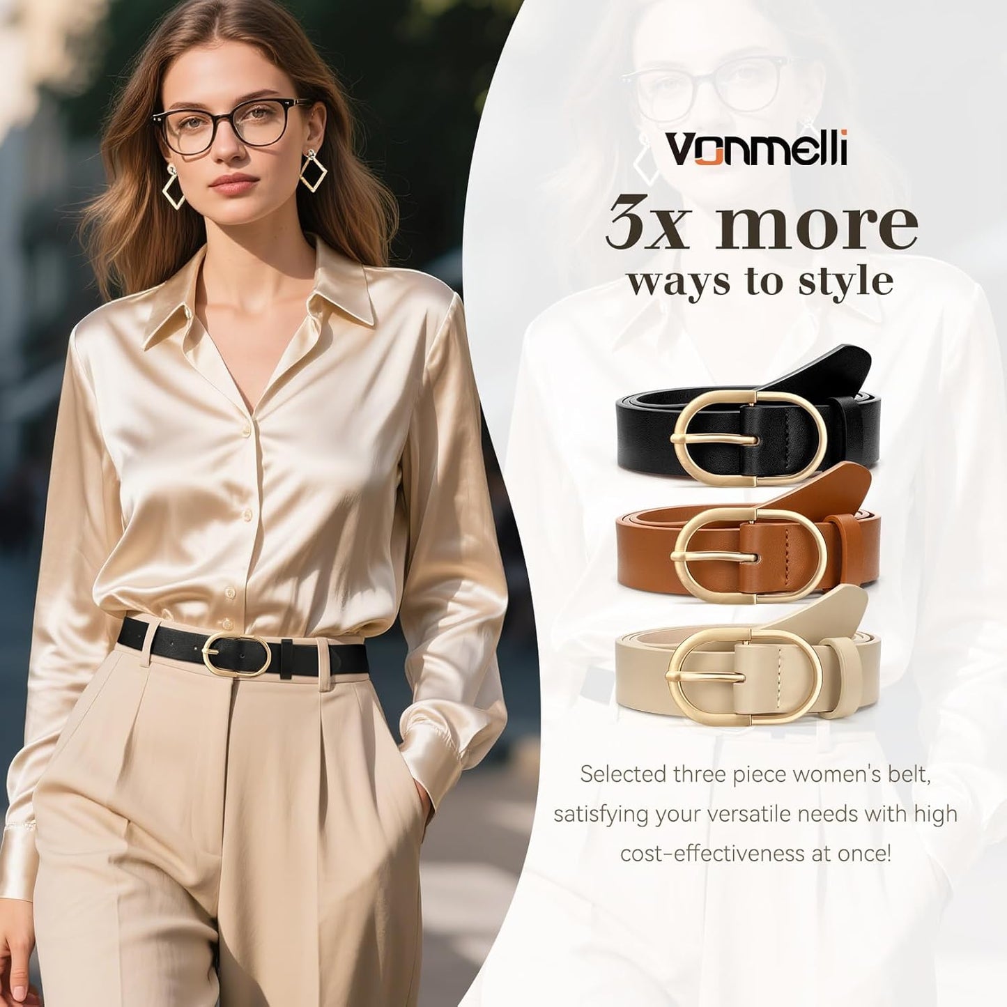3-Pack Women's Belts – Fashion Dress Belts with Gold Buckle for Jeans & Pants