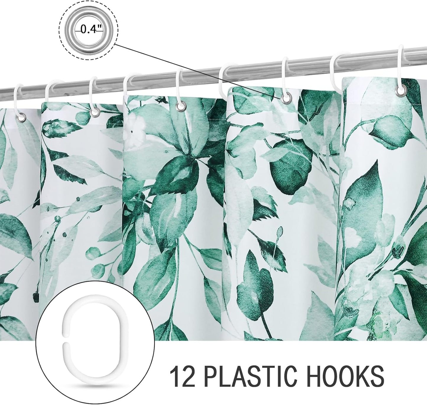 Teal Eucalyptus Shower Curtain, Watercolor Plant Leaves with Floral Bathroom Shower Curtain Set with Hooks, 72X72