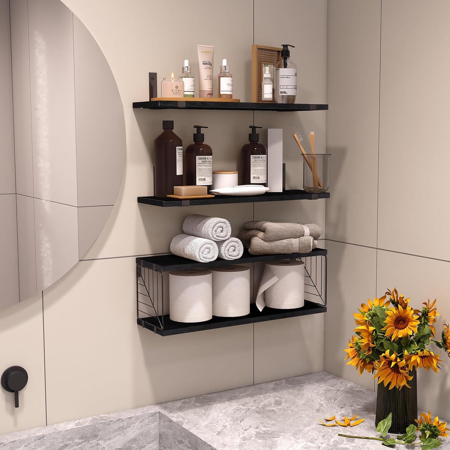 3+1 Tier Bathroom Floating Shelves over Toilet, 15.8In Farmhouse Rustic Wood Shelves, Wall Decor for Bathroom, Living Room,Bedroom and Kitchen (Black)