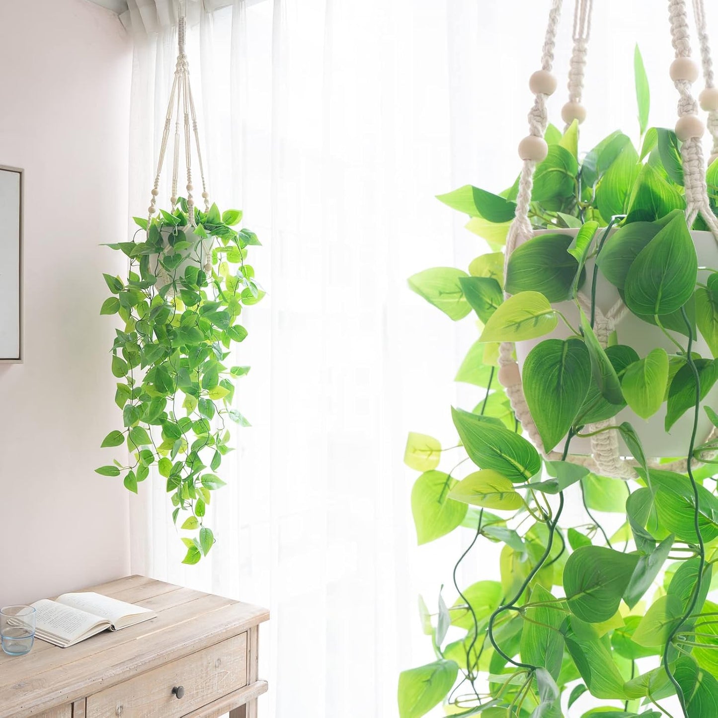 3-Pack Macrame Plant Hangers – Ivory Indoor Hanging Planters with Beads, 3 Sizes (35", 29", 23") – No Tassels