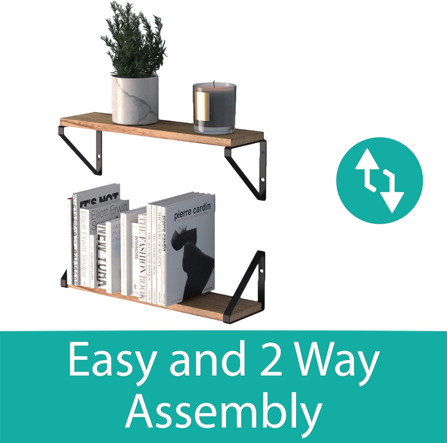 Set of 2 Rustic Floating Shelves – Wall Mounted Storage for Bathroom, Kitchen, Bedroom, or Laundry Room – Natural Burned Wood with Black Metal Brackets – Farmhouse Wall Decor Organizer