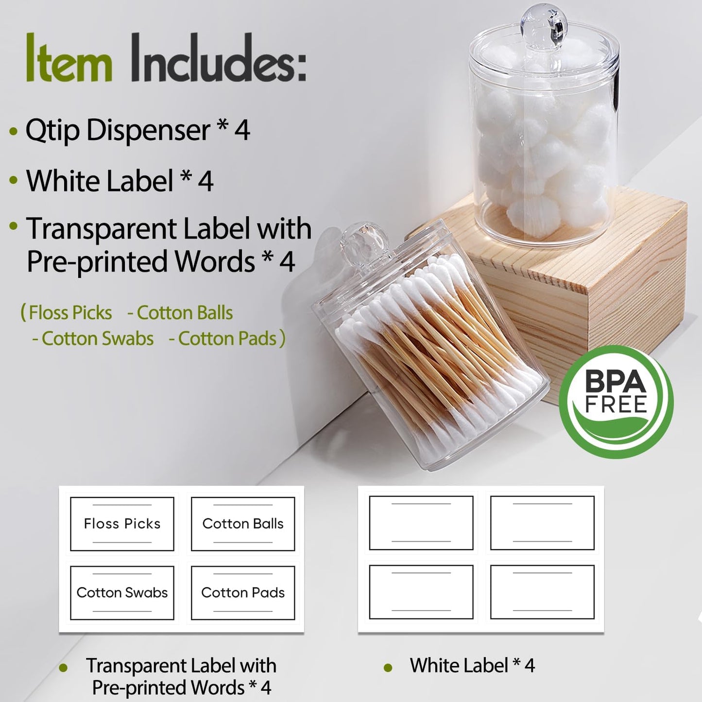 4-Pack Acrylic Qtip Holder Set – Clear Vanity Canisters for Cotton Swabs, Pads & Bathroom Essentials