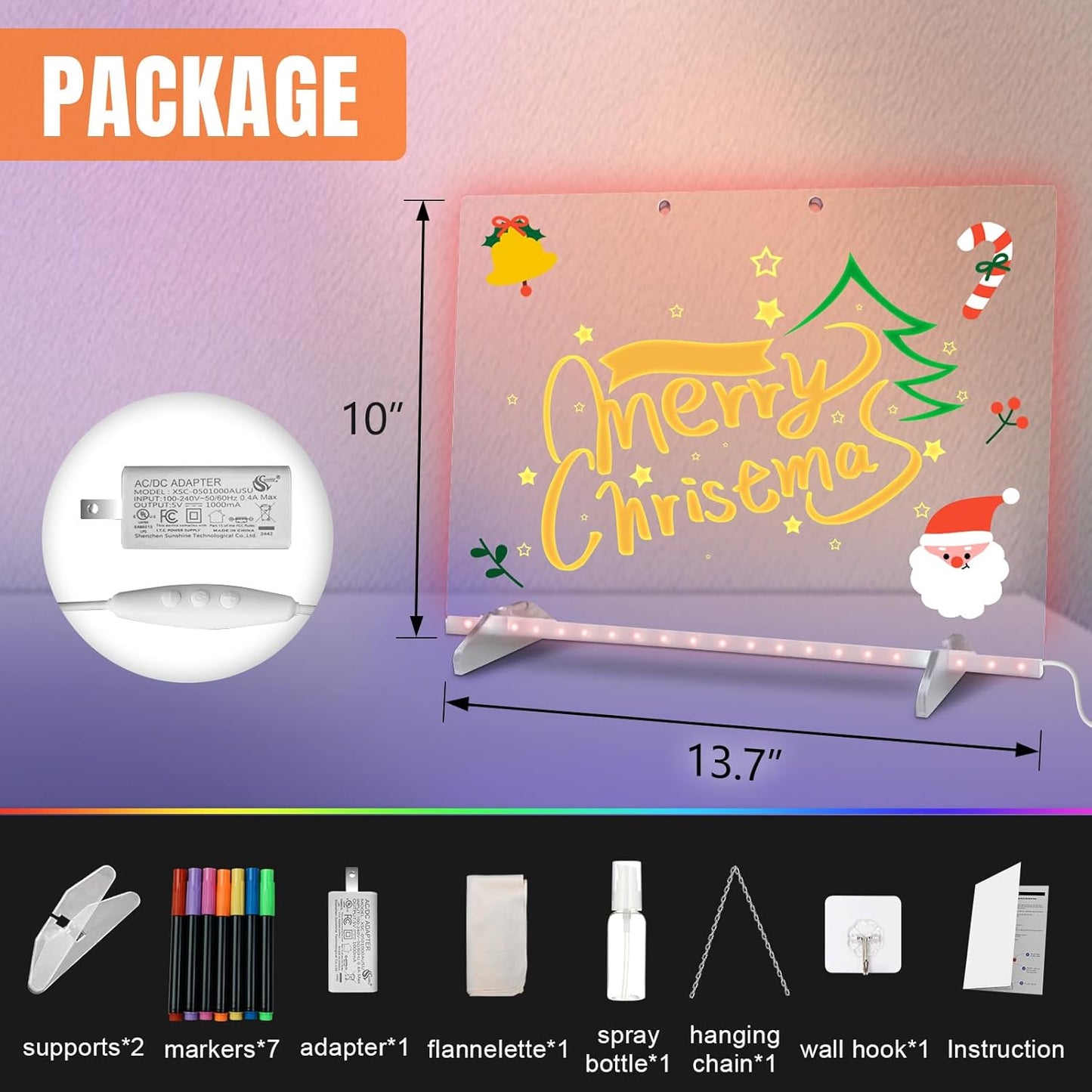 LED Note Board with Colors – 13.7”x10” Light-Up Acrylic Drawing & Message Board with 7 Markers, Adapter, Chain & Stand