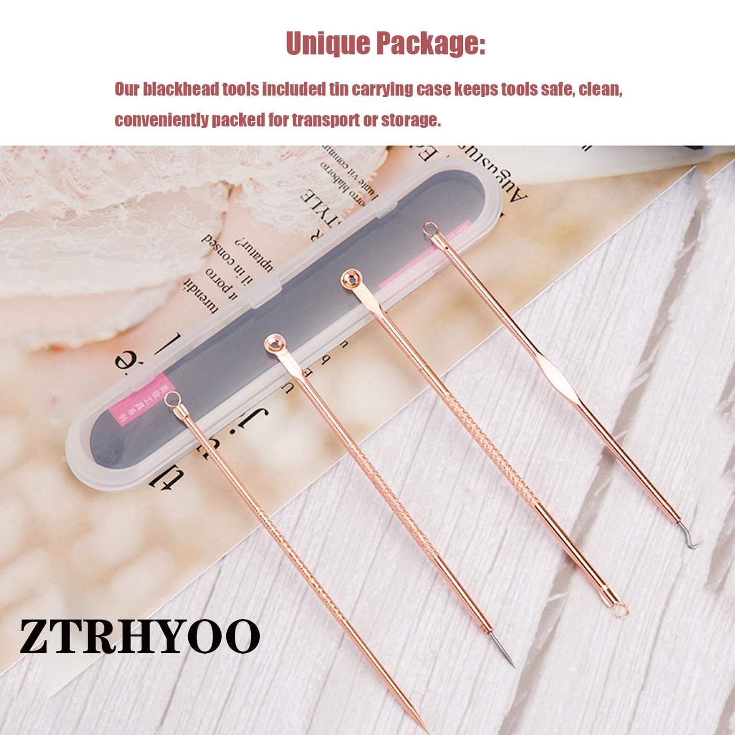 4-Piece Rose Gold Blackhead & Pimple Extractor Tool Set with Case – Acne & Comedone Removal Kit