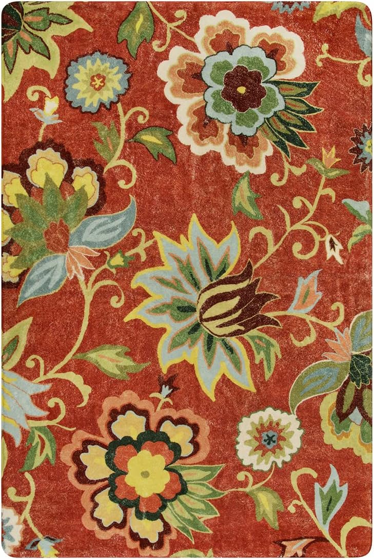 Red Kitchen Rug – 2'x3' Washable Non-Slip Modern Floral Entry Mat for Bathroom, Bedroom, or Doorway