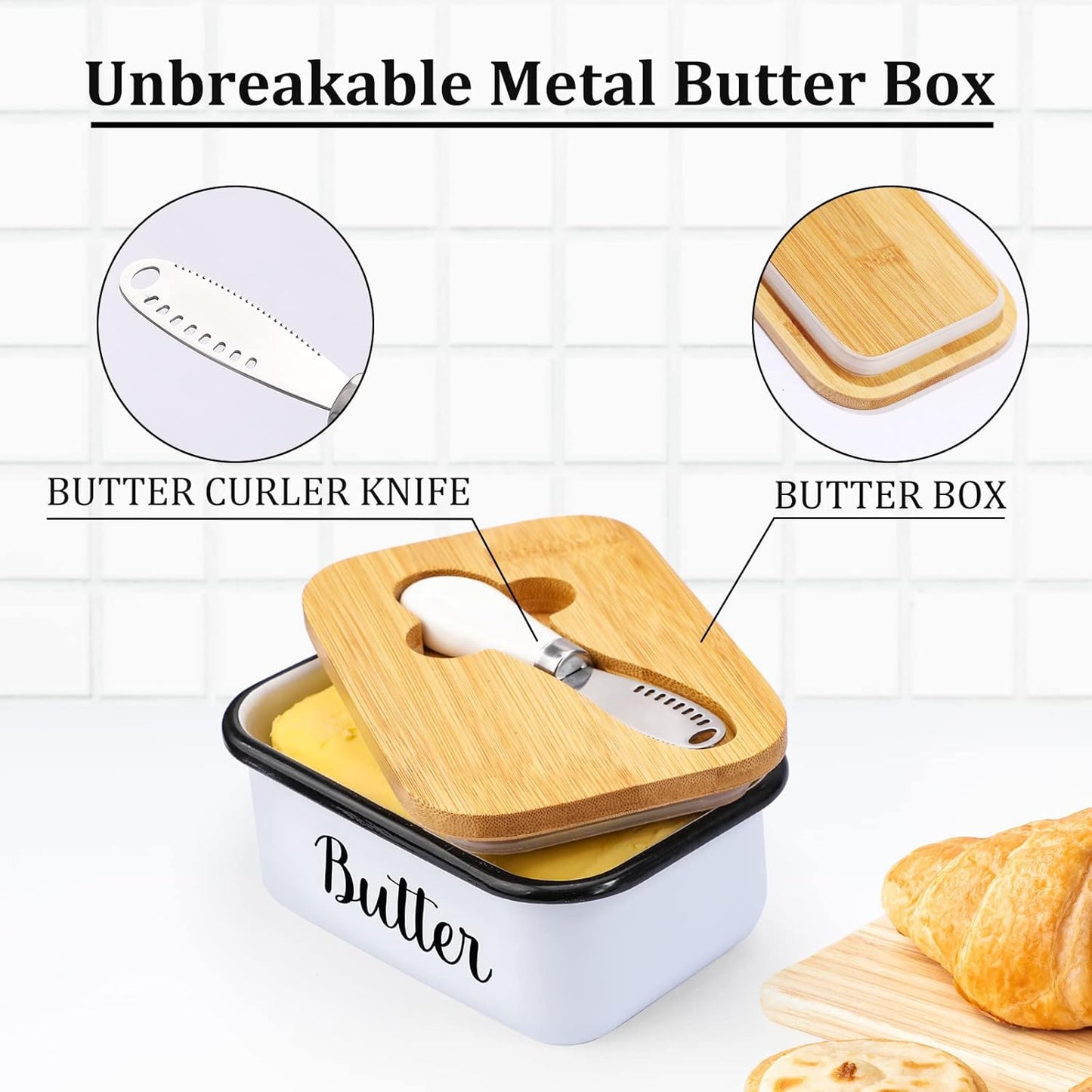 Butter Dish with Lid & Curler Knife – Stainless Steel Butter Keeper with Double Silicone Seal for Farmhouse Kitchen Decor
