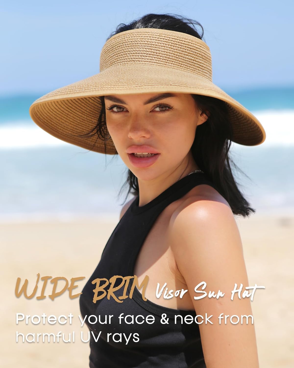 Women’s Wide Brim Straw Sun Hat – UV Protective, Foldable Beach Visor with Ponytail Slot