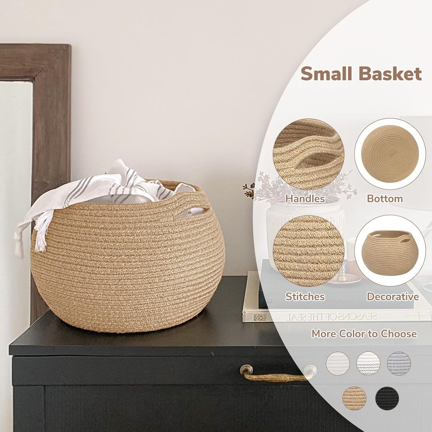 Small Round Jute Wicker Basket – Woven Storage Bin for Toys, Towels & Indoor Decor (10” x 8.3”)