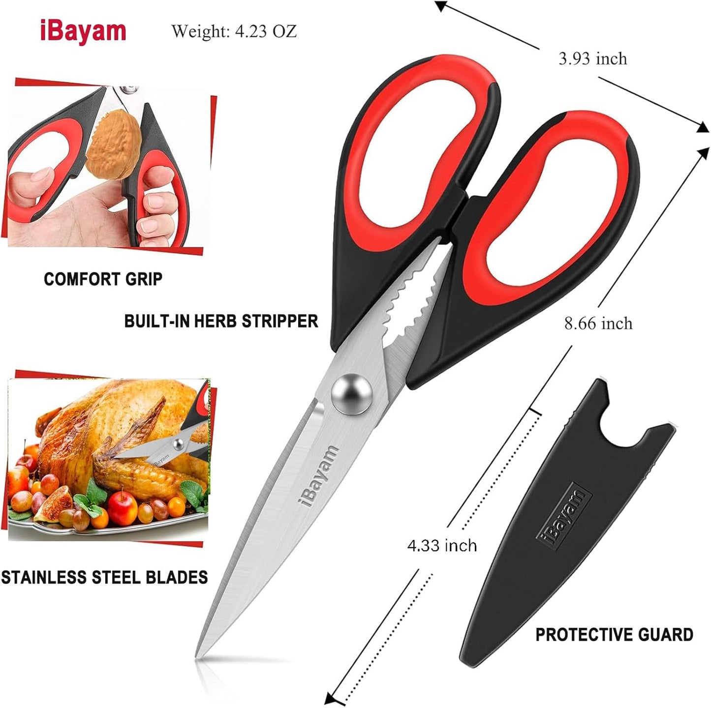 Heavy Duty Kitchen Scissors – All-Purpose Stainless Steel Food Shears with Protective Sheath, Dishwasher Safe