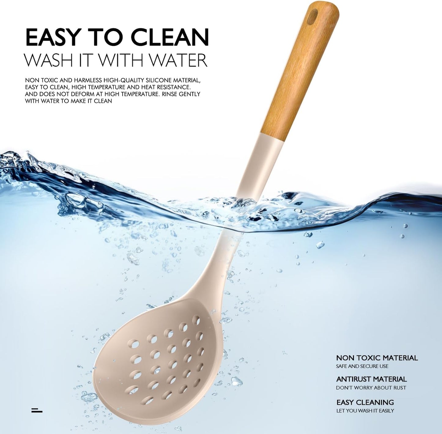 Cream White Silicone Cooking Utensils Set – Heat Resistant Kitchen Tools with Wooden Handles