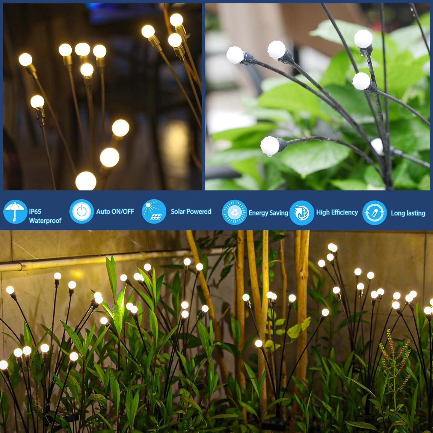 Solar Swaying Garden Lights (2 Pack) – Wind-Activated Outdoor Solar Pathway Lights with Flexible Iron Wire & Heavy Base, Warm White Glow for Yard, Patio, and Walkway