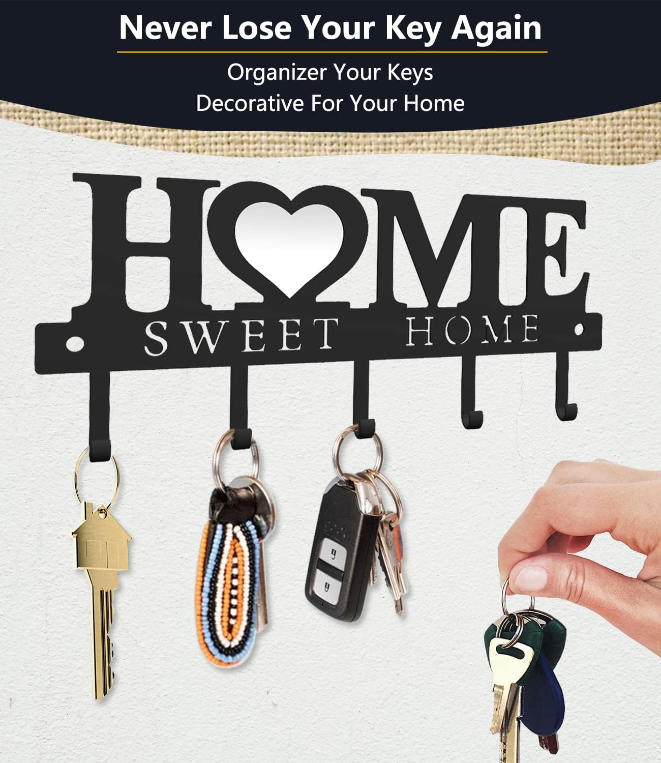 Home Sweet Home Wall Key Holder – 9.8” Metal Organizer Rack with Hooks for Entryway, Kitchen, Garage, Office
