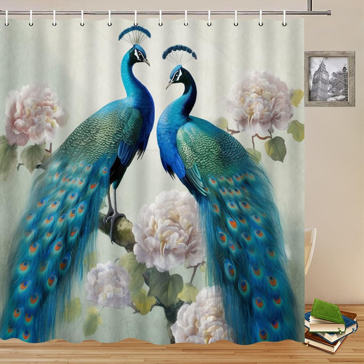 Peacock Shower Curtain – 70x70 Inch Chinese Style Bathroom Decor with Blue Bird, Peony Flowers & Green Leaves – Elegant Polyester Fabric with Hooks Included