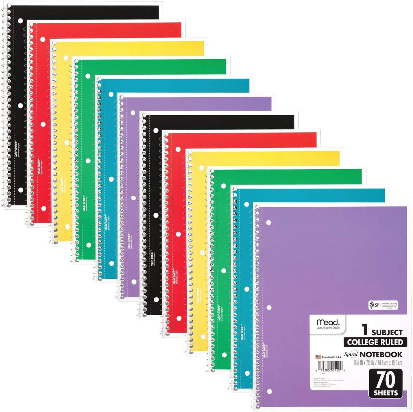 6-Pack Spiral Notebooks – 1 Subject College Ruled, 70 Sheets Each, 7.5" x 10.5", Assorted Colors