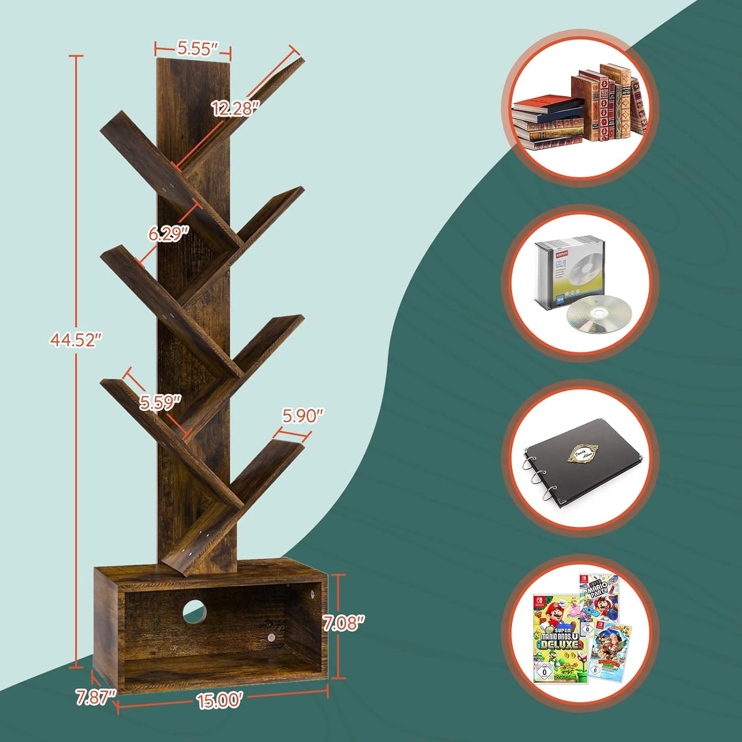 6-Shelf Tree Bookshelf – Tall Rustic Brown Wood Bookcase for Living Room, Bedroom & Office