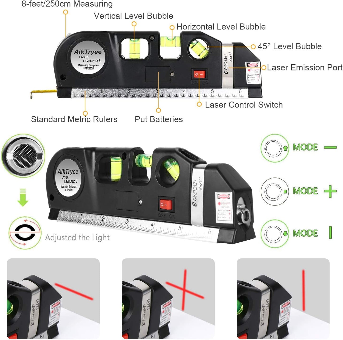 AikTryee Laser Level Line Tool – Multipurpose Cross Line Level with 8ft Ruler