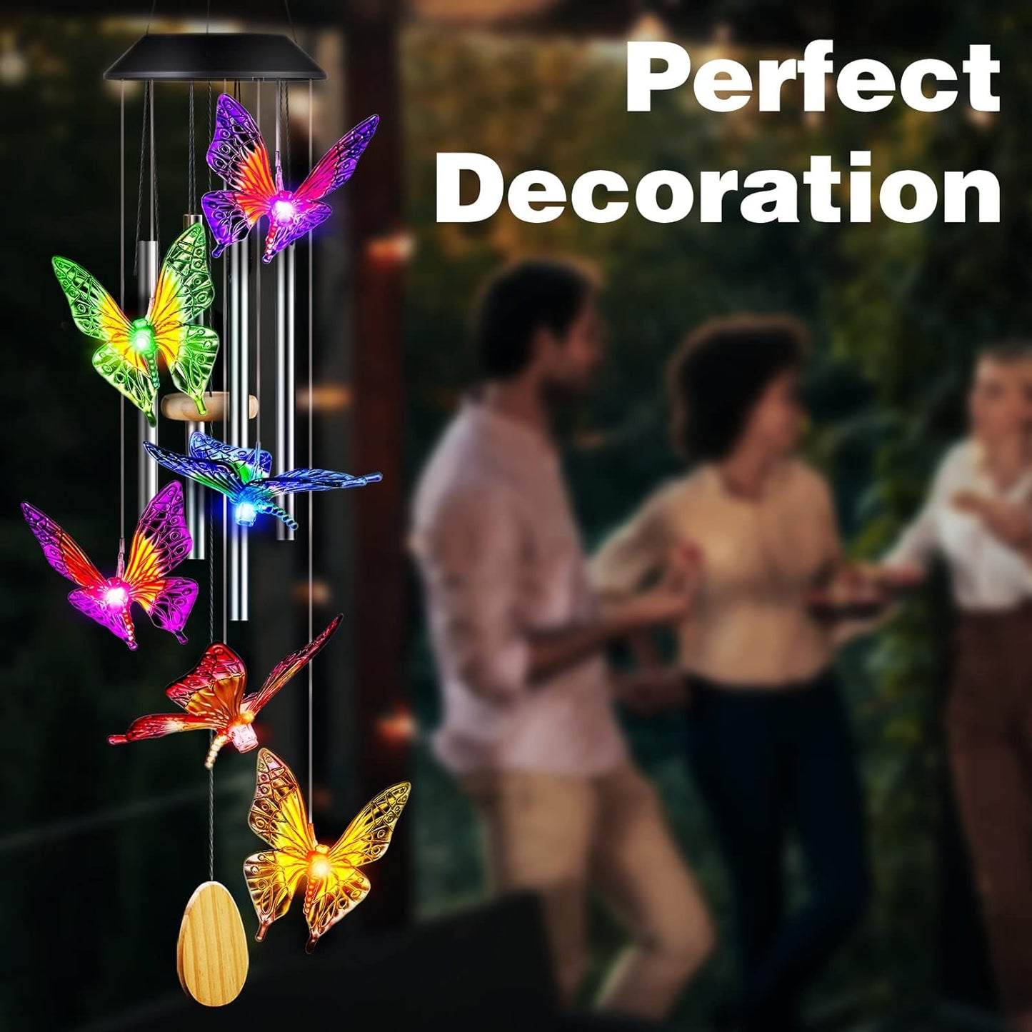 Butterfly Solar Wind Chimes with Aluminum Tubes – Outdoor Color-Changing LED Lights for Garden, Patio, Porch – Thanksgiving Gift