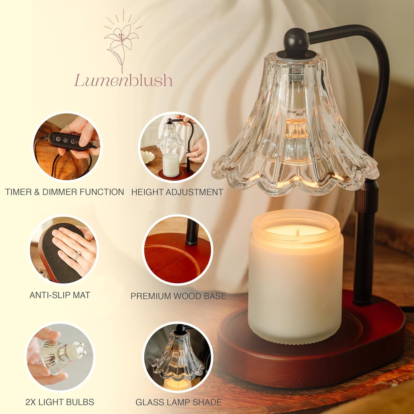 Candle Warmer Lamp with Timer & Dimmer – Adjustable Height Vintage Wax Melter for Scented Jars & Home Decor