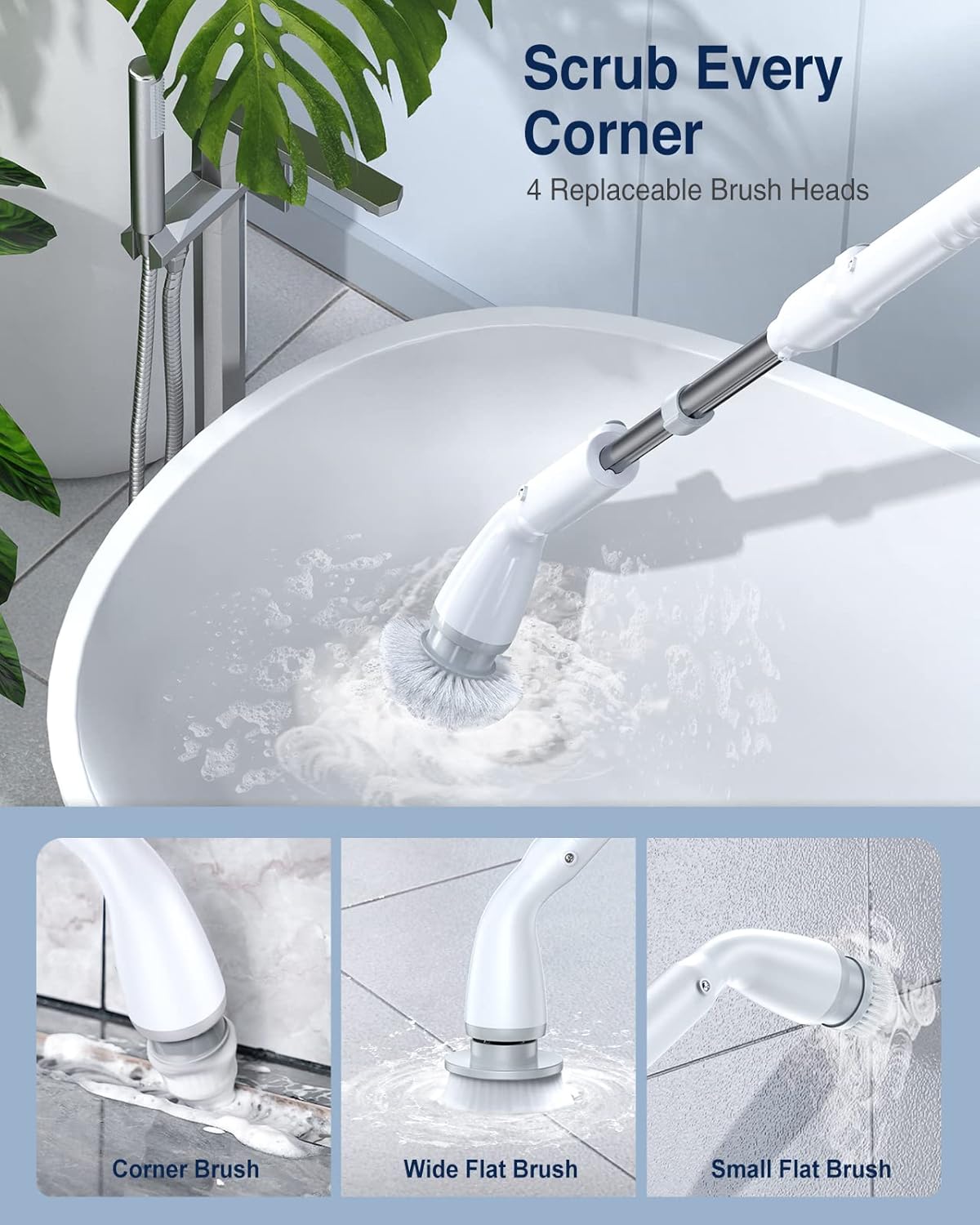 Electric Spin Scrubber LA1 Pro – Cordless Cleaning Brush with 4 Heads & Adjustable Extension Handle – White