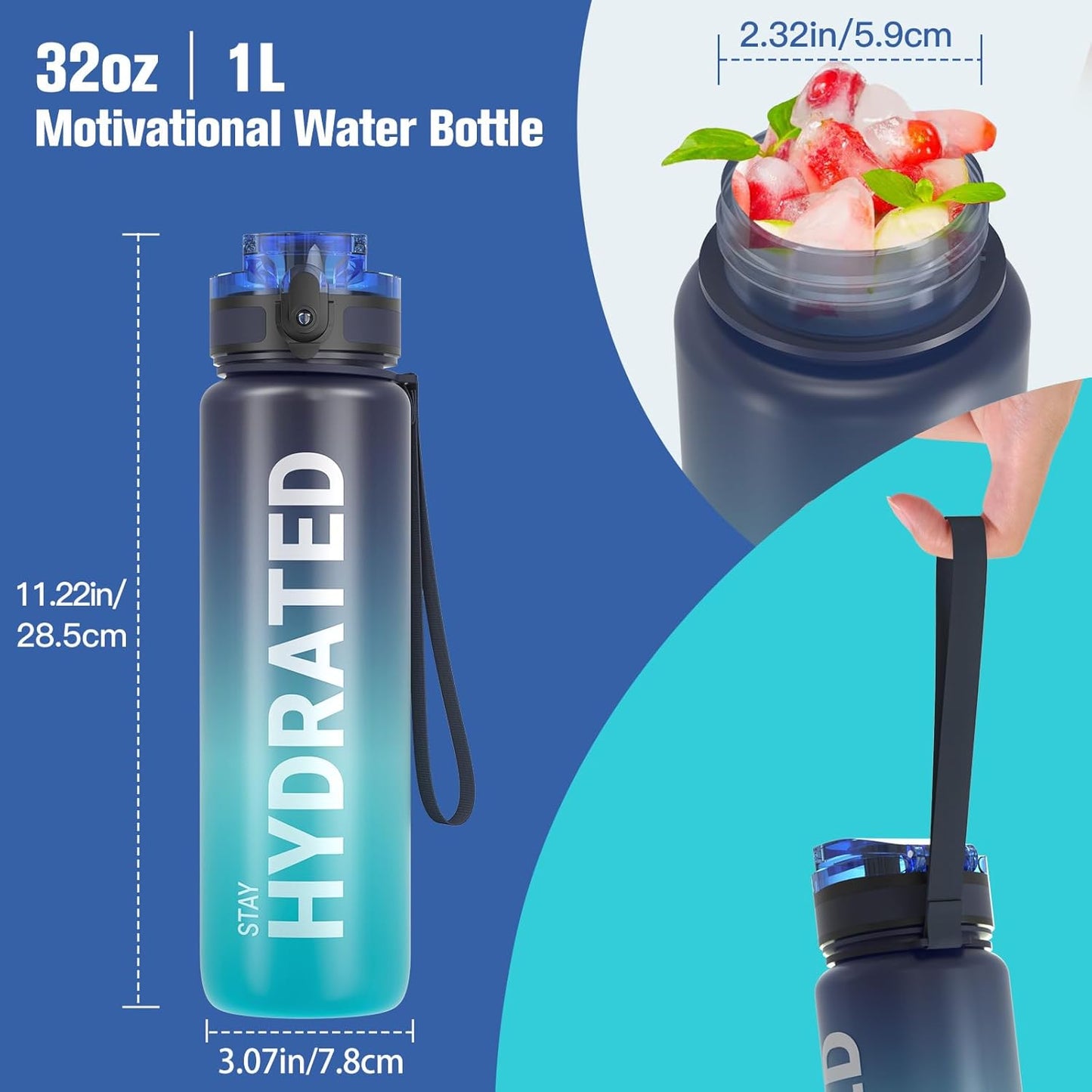32oz Motivational Water Bottle – BPA-Free, Leakproof with Time Marker & Cleaning Brush (Wide Mouth Tritan Design)