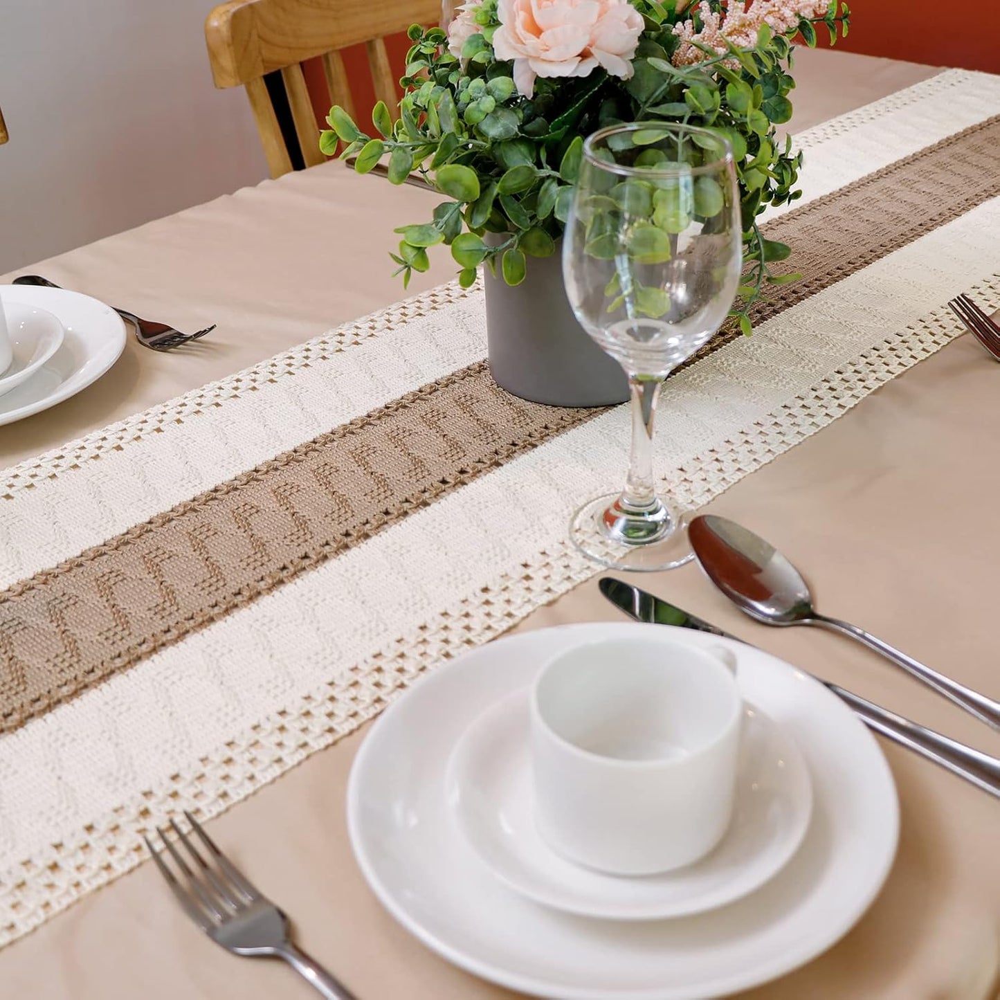 Farmhouse Macrame Table Runner – Rustic Boho Cotton Lace Decor for Dining Tables, 72"x12
