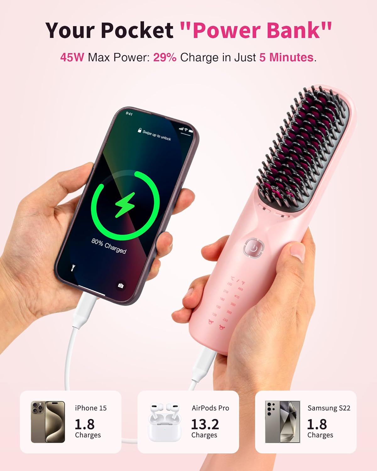 Cordless Ionic Hair Straightener Brush – 10,000mAh Portable Travel Styling Tool