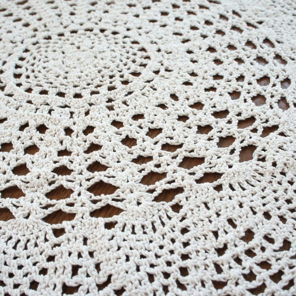 33" Vintage Crochet Lace Round Tablecloth – Handmade Cotton Doily Table Topper for Boho Wedding & Home Decor (Beige)
