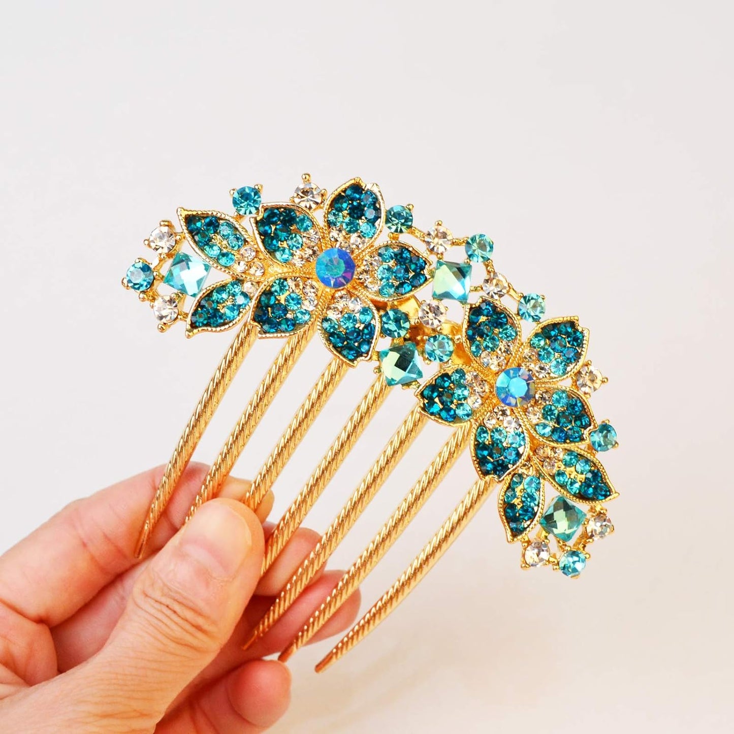 Rhinestone Flower Hair Comb – Elegant Blue Hairpin Barrette for Women