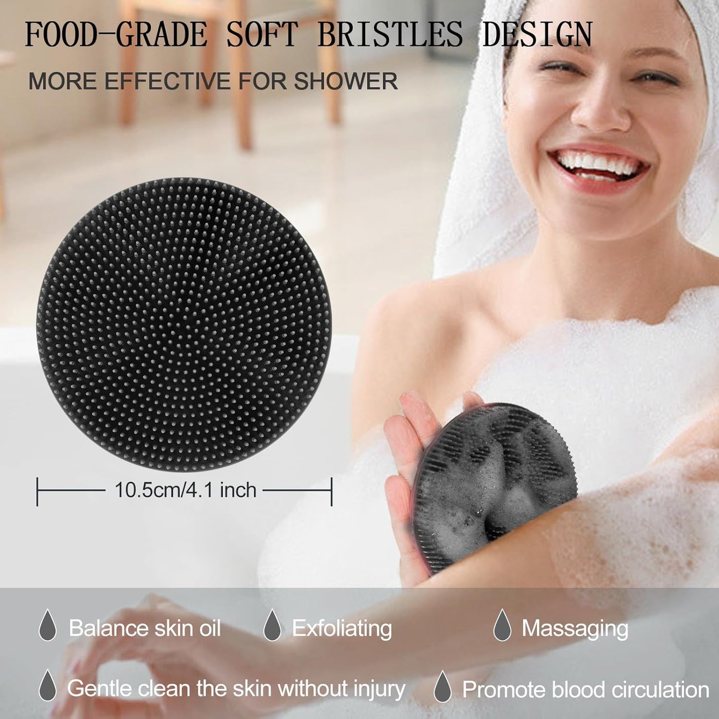 Soft Silicone Body Scrubber – Gentle Exfoliating Shower Brush for Skin Cleansing, Black