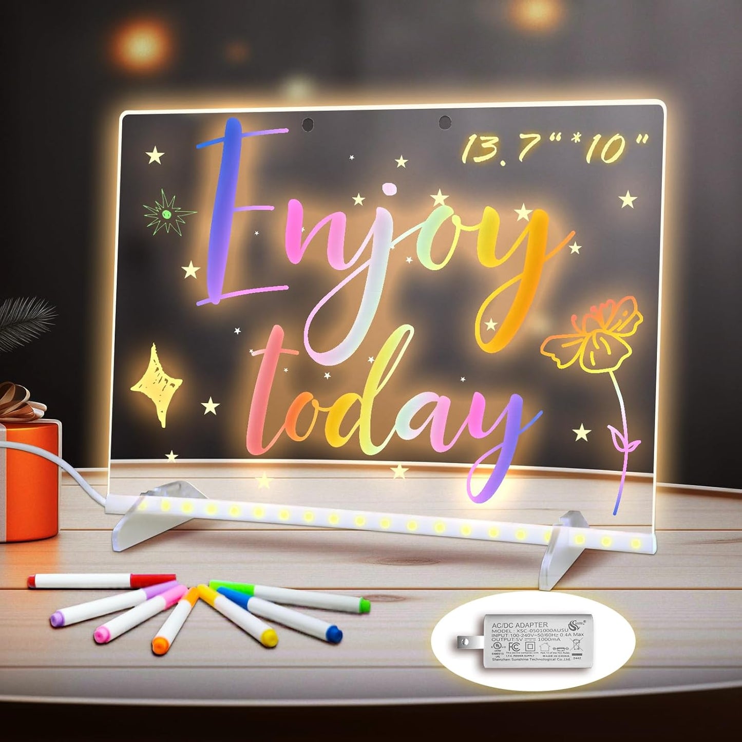 LED Note Board with Colors – 13.7”x10” Light-Up Acrylic Drawing & Message Board with 7 Markers, Adapter, Chain & Stand