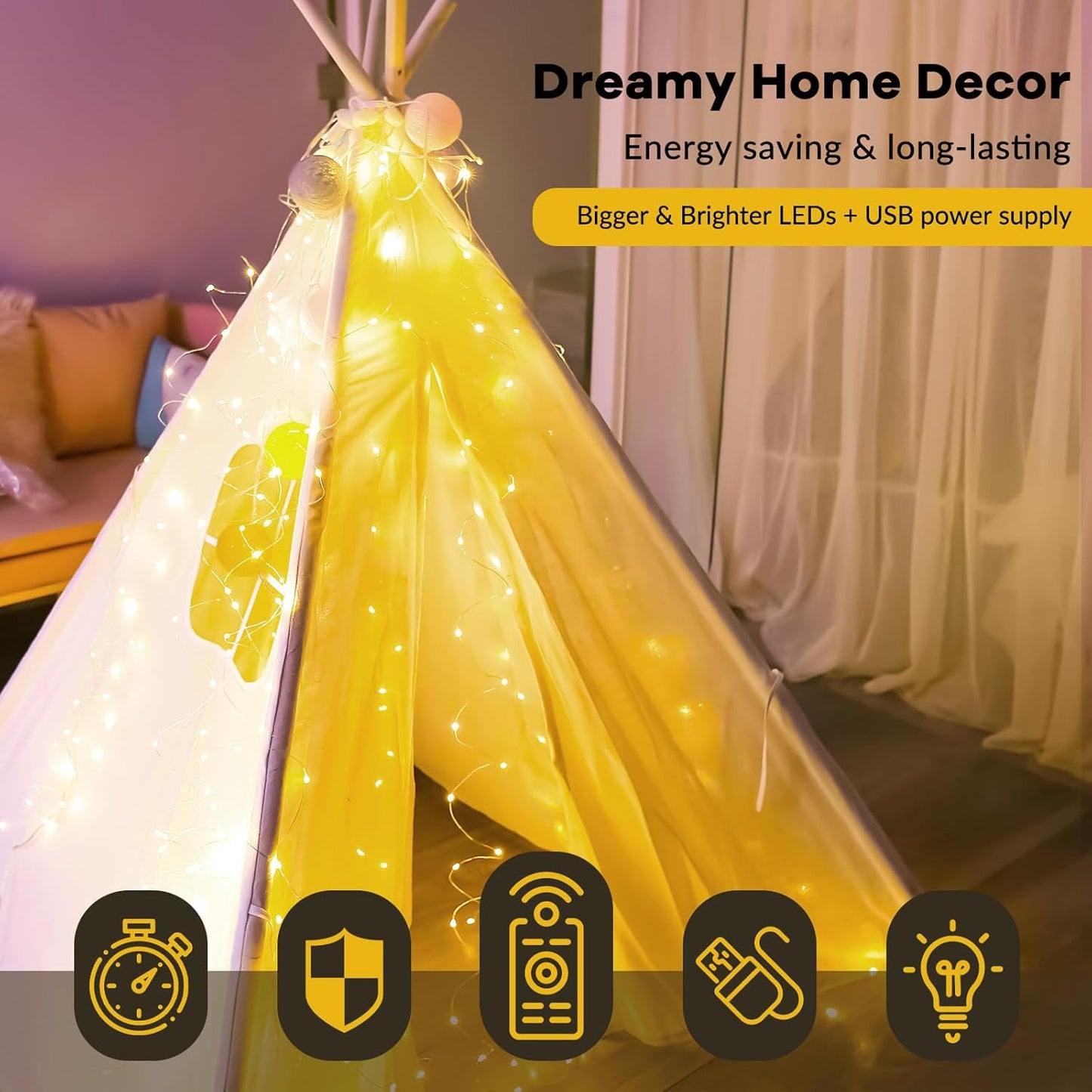 300 LED Warm White Fairy Curtain Lights – 9.8x9.8 Ft USB Hanging String Lights with Remote & 8 Modes for Bedroom, Weddings & Parties