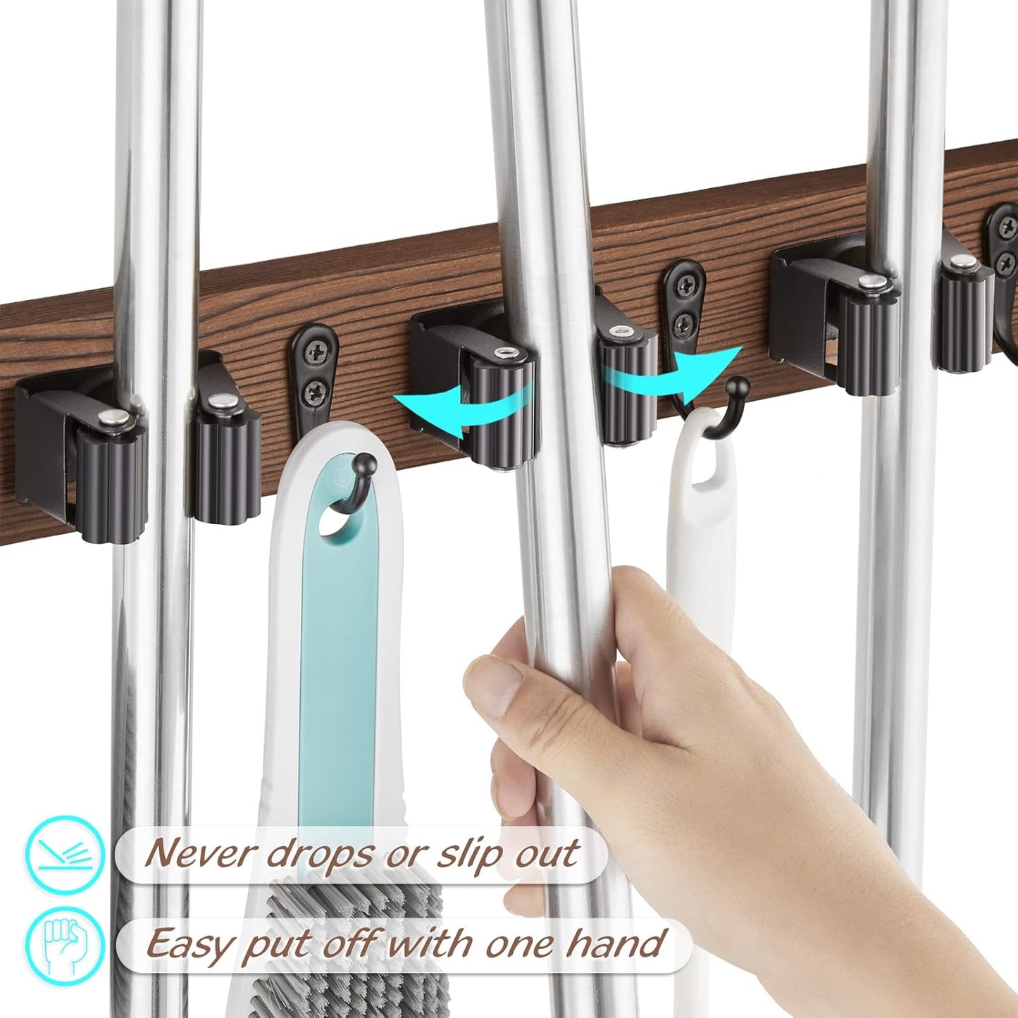 Rustic Wood Broom & Mop Holder Wall Mount – 3 Slots & 4 Hooks for Kitchen, Pantry, Garden, or Laundry Organization