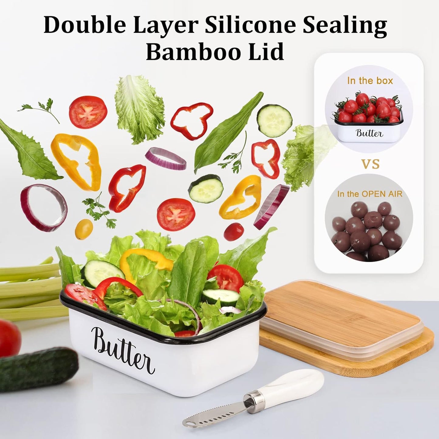 Butter Dish with Lid & Curler Knife – Stainless Steel Butter Keeper with Double Silicone Seal for Farmhouse Kitchen Decor