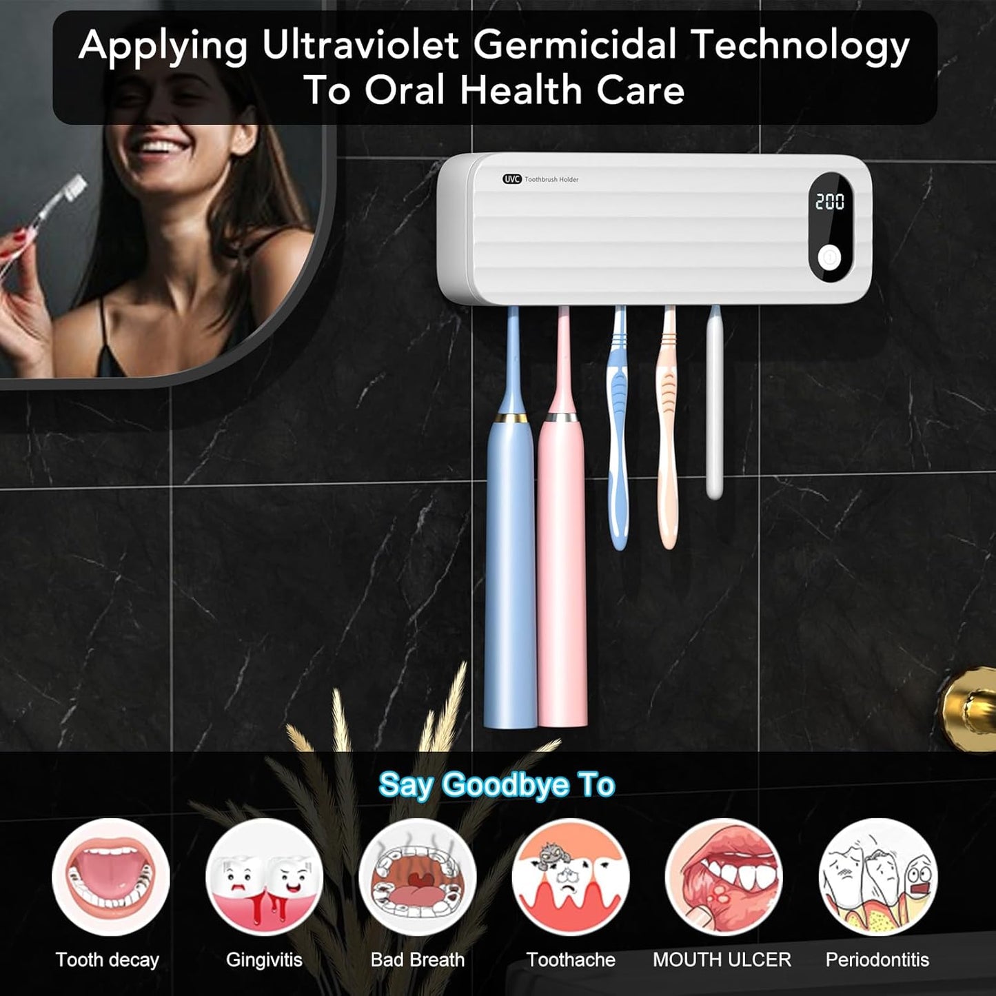 StarWin™ 5-Slot UV Toothbrush Cleaner with Timer – Cordless, Wall-Mount, No Drilling Required