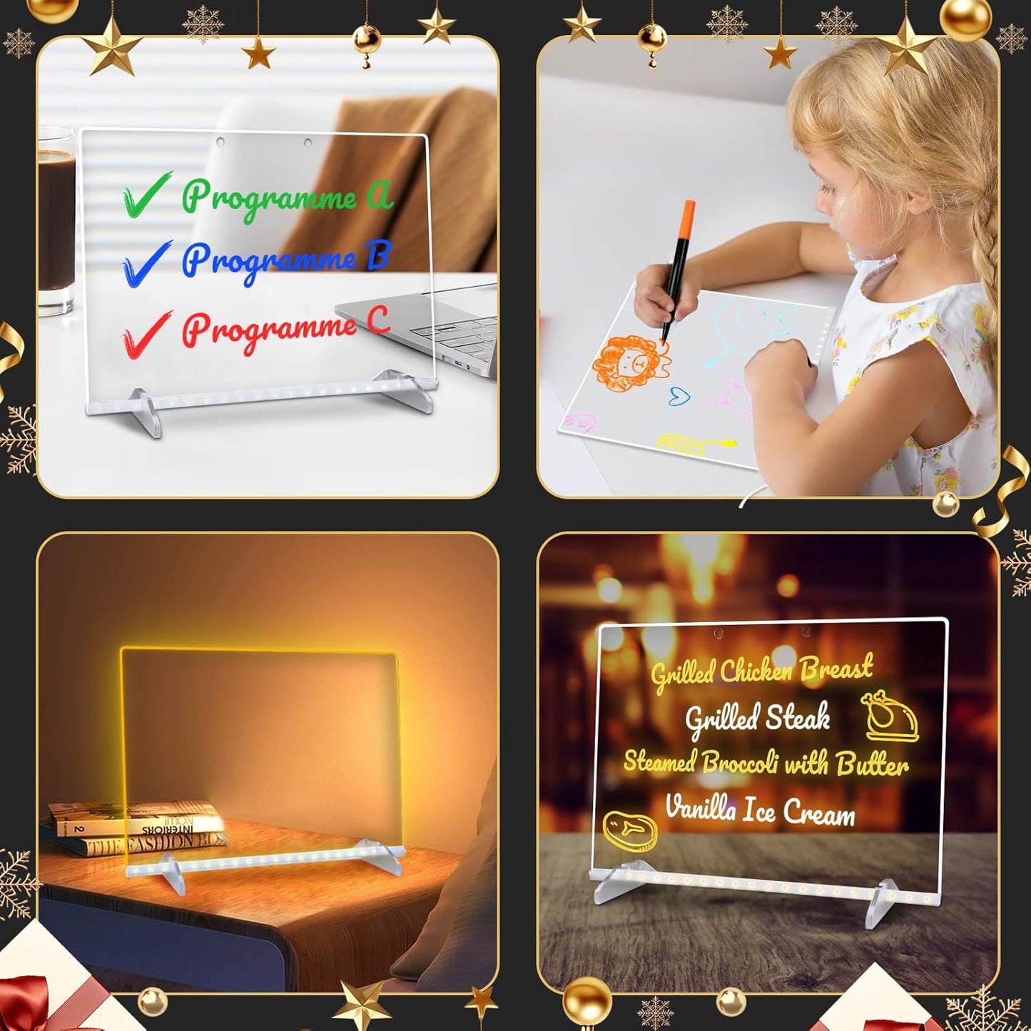 LED Note Board with Colors – 13.7”x10” Light-Up Acrylic Drawing & Message Board with 7 Markers, Adapter, Chain & Stand