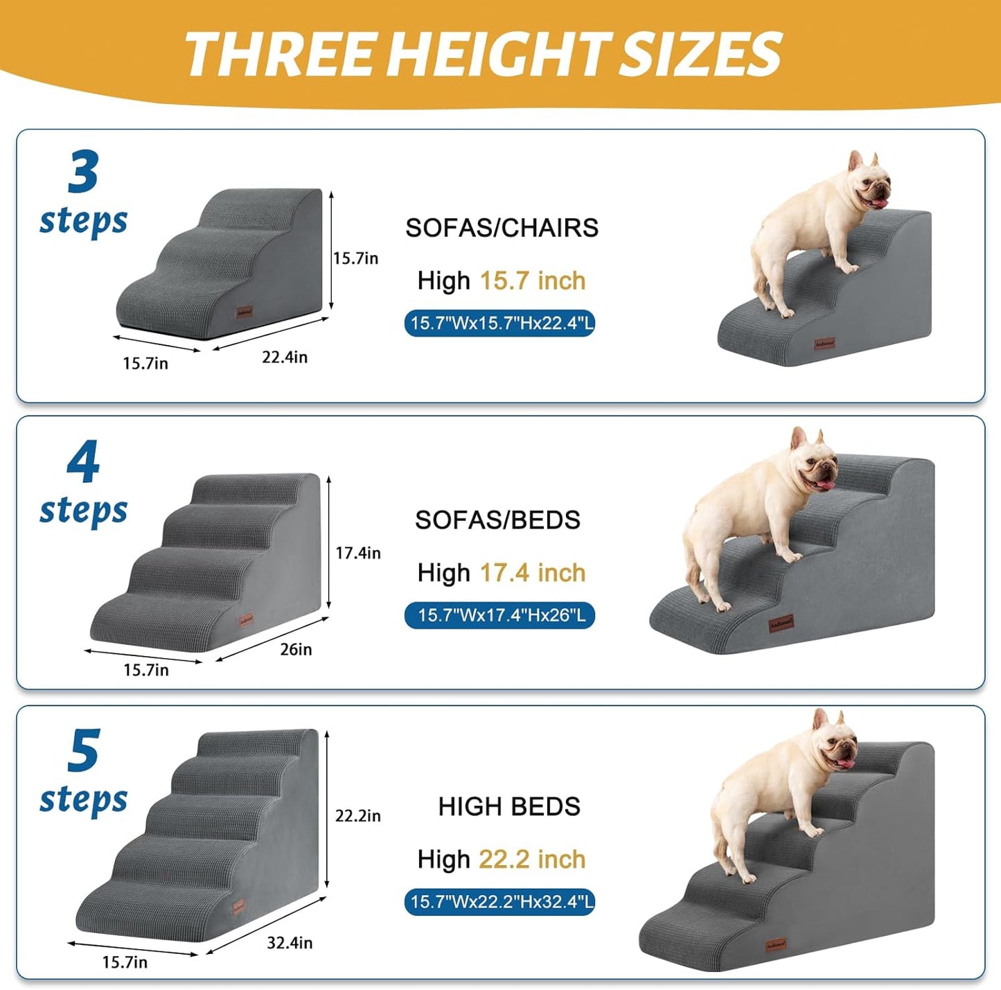 3-Step Pet Ramp & Stairs – Non-Slip Steps for Small Dogs & Cats, 15.7” High (Grey)