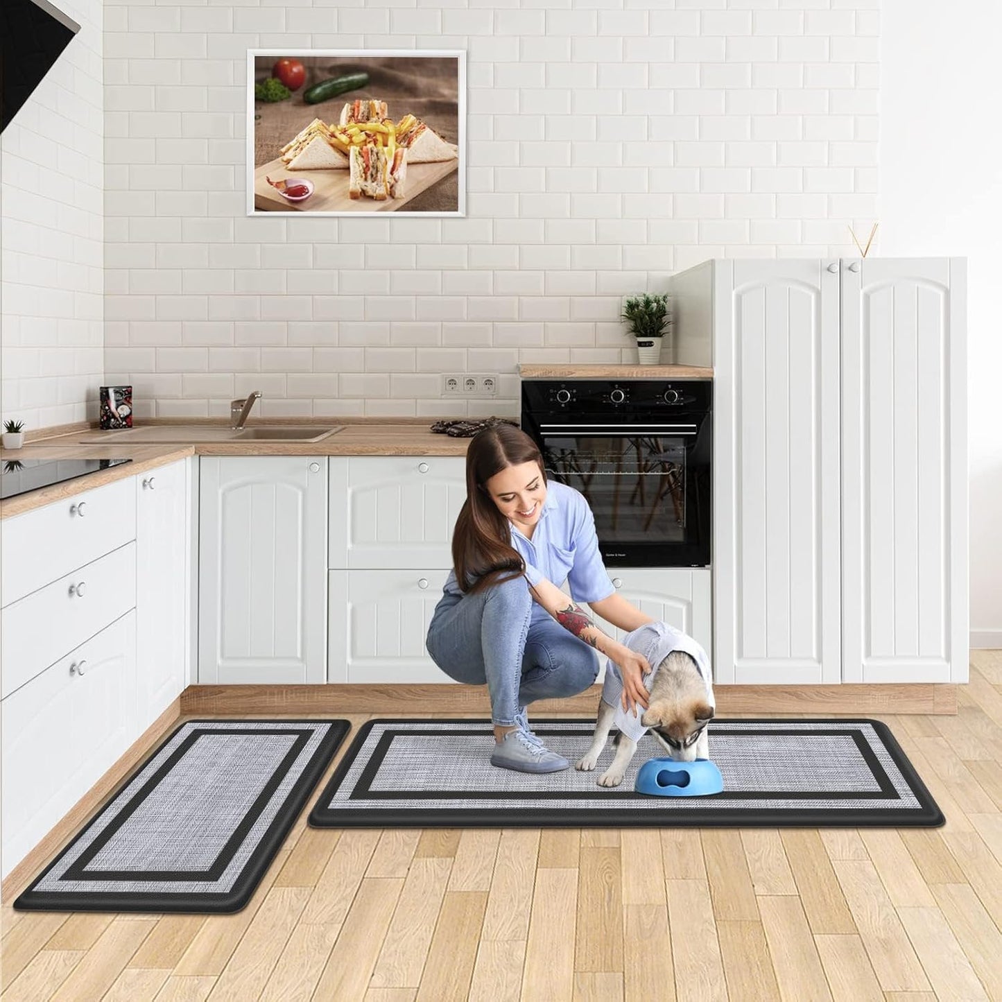 2-Piece Anti-Fatigue Cushioned Kitchen Mat Set – Waterproof, Non-Slip Ergonomic Floor Rugs (Black & Gray)