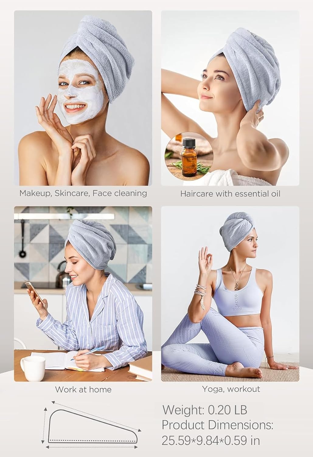 Microfiber Hair Towel Wrap – 3-Pack Quick-Dry Anti-Frizz Turbans for Women (Blue, Grey, Pink)