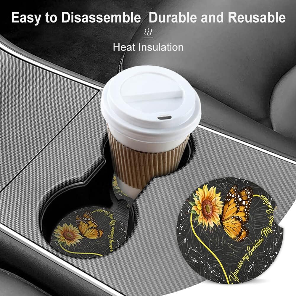 Butterfly Sunflower Absorbent Cup Holders Car Coasters,Ceramic Stone Drinks Coaster Set for Women Man 2.56"(2 Pack)