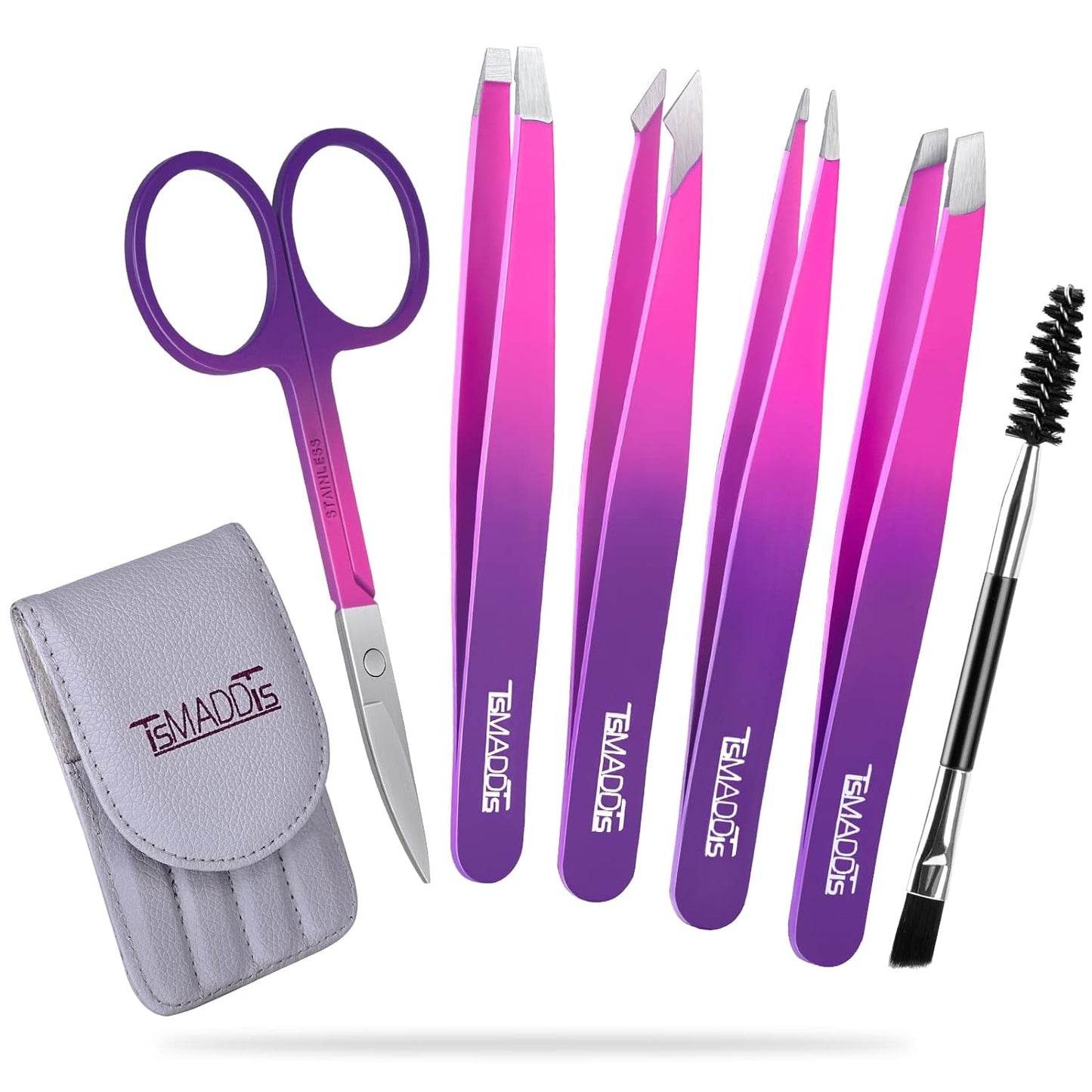 6-Piece Precision Tweezer & Curved Scissor Set for Eyebrow & Facial Hair – with Leather Travel Case