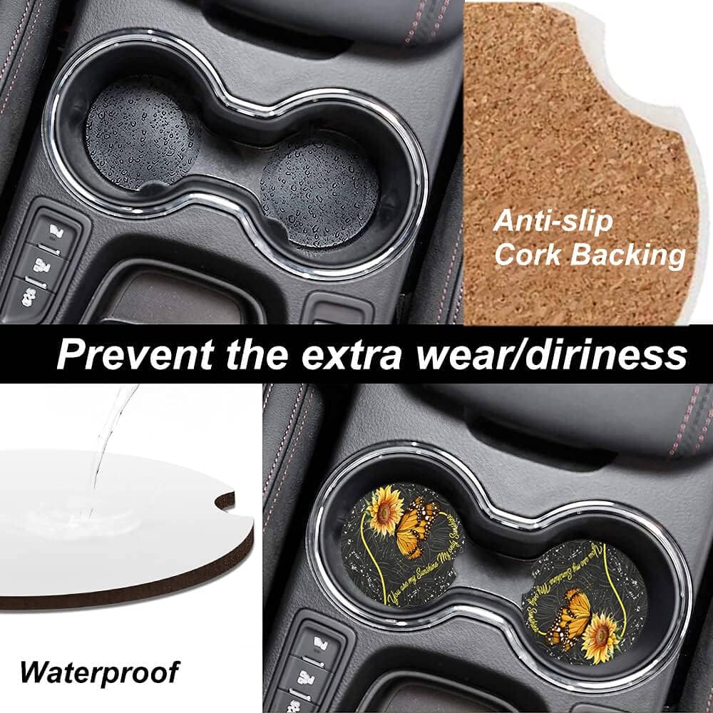 Butterfly Sunflower Absorbent Cup Holders Car Coasters,Ceramic Stone Drinks Coaster Set for Women Man 2.56"(2 Pack)